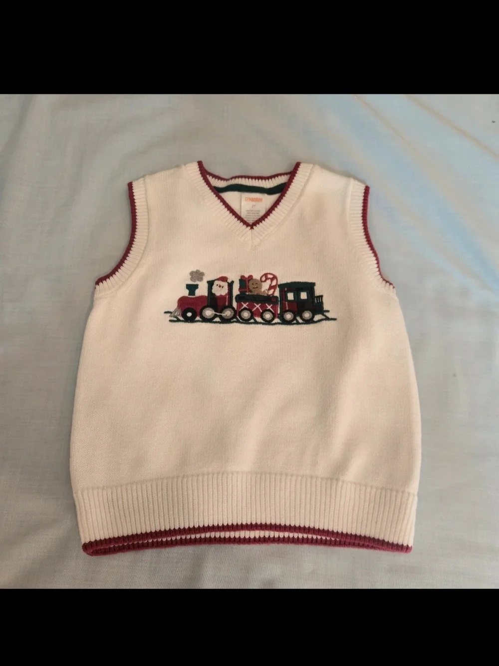Gymboree Cream Knit V-Neck Vest with Red and Green Trim